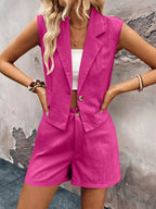 One-Button Sleeveless Cotton Top & Shorts Set