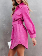 Button Front Belted Corduroy Dress with Pockets