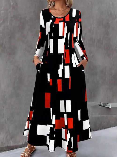 GeoMuse Pocketed Maxi Dress with Long Sleeves Black