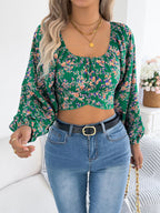 Floral Square Neck Ruched Crop Blouse with Balloon Sleeves