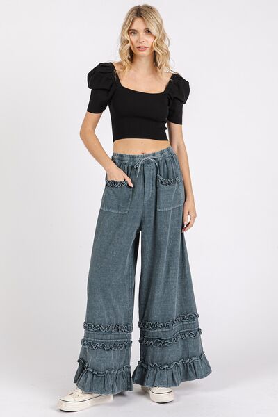 Mittoshop Ruffle Trim Pocket Mineral Wash Wide Leg Pants