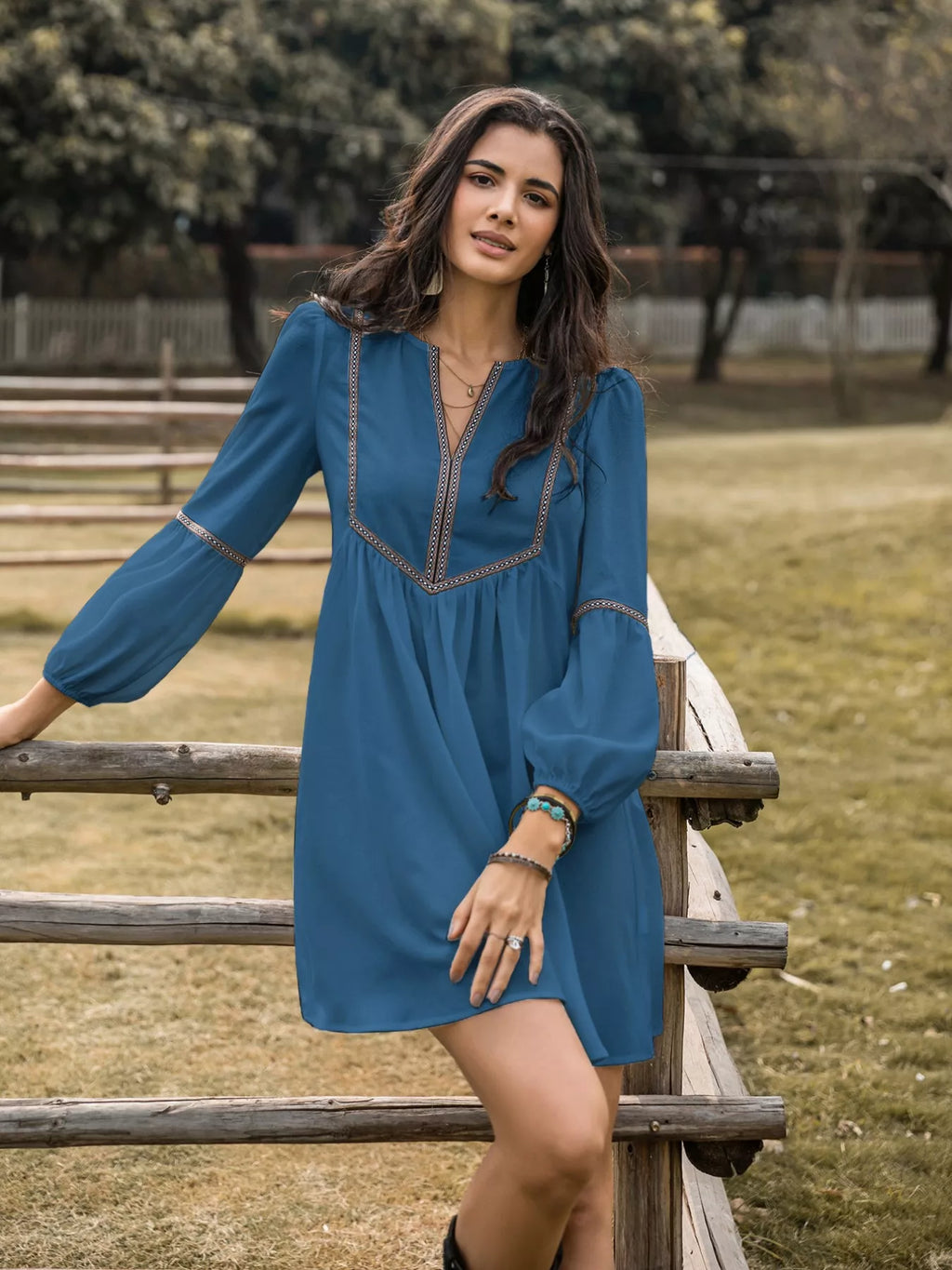 Notched Neck Balloon Sleeve Ruched Mini Dress