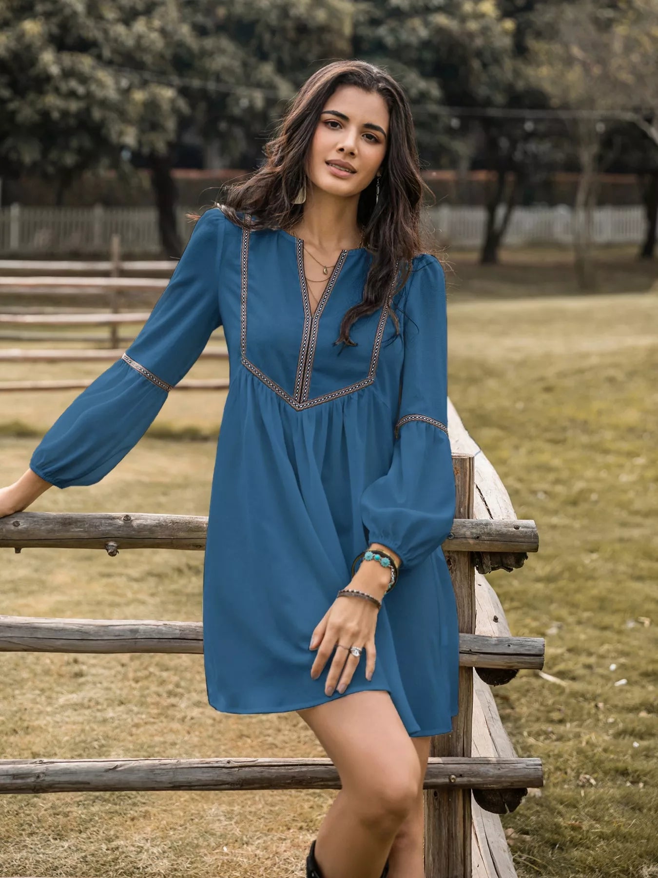 Notched Neck Balloon Sleeve Ruched Mini Dress