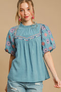 Embroidered Puff Sleeve Mock Neck Top Teal