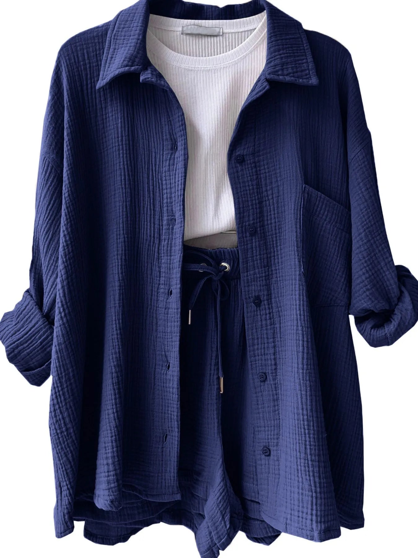 Chic Textured Button-Up Shirt & Shorts Two-Piece Set Dark Navy