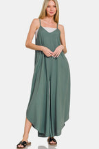 Zenana Wide Leg Sleeveless Overalls with Pockets and Curved Hem