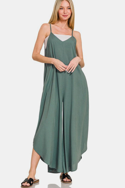 Zenana Wide Leg Sleeveless Overalls with Pockets and Curved Hem