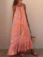 Backless Printed Halter Maxi Dress with Ruffles Coral