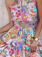 Smocked Printed Halter Neck Backless Mini Dress