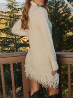 Fringe Detail Turtleneck Long Sleeve Sweater Dress