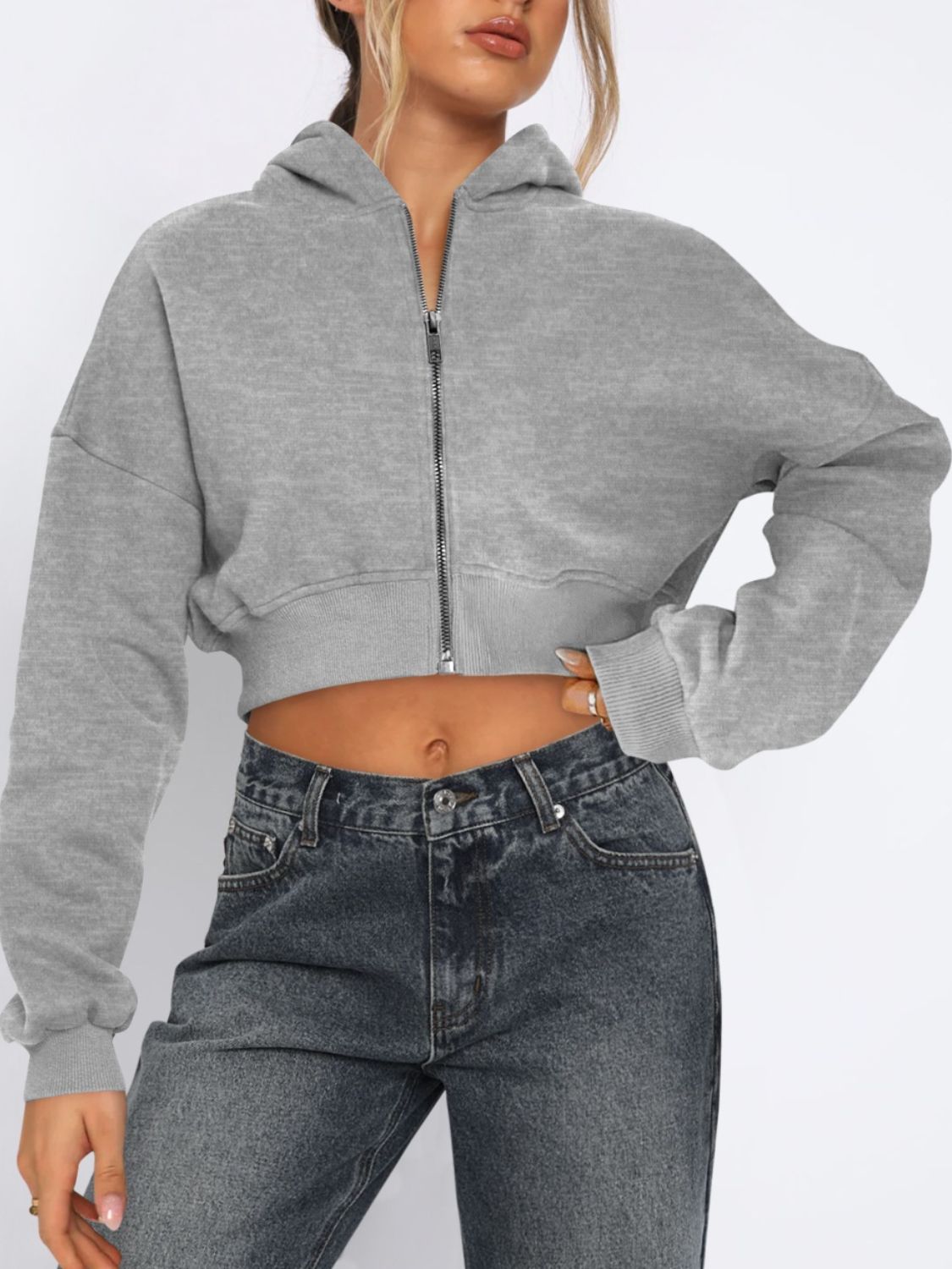 Zip-Up Long Sleeve Hooded Cropped Jacket Grey