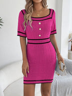 Decorative Button Short Sleeve Sweater Dress - Chic & Comfortable