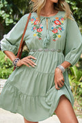 Embroidered Tie Neck Three-Quarter Sleeve Mini Dress Sage