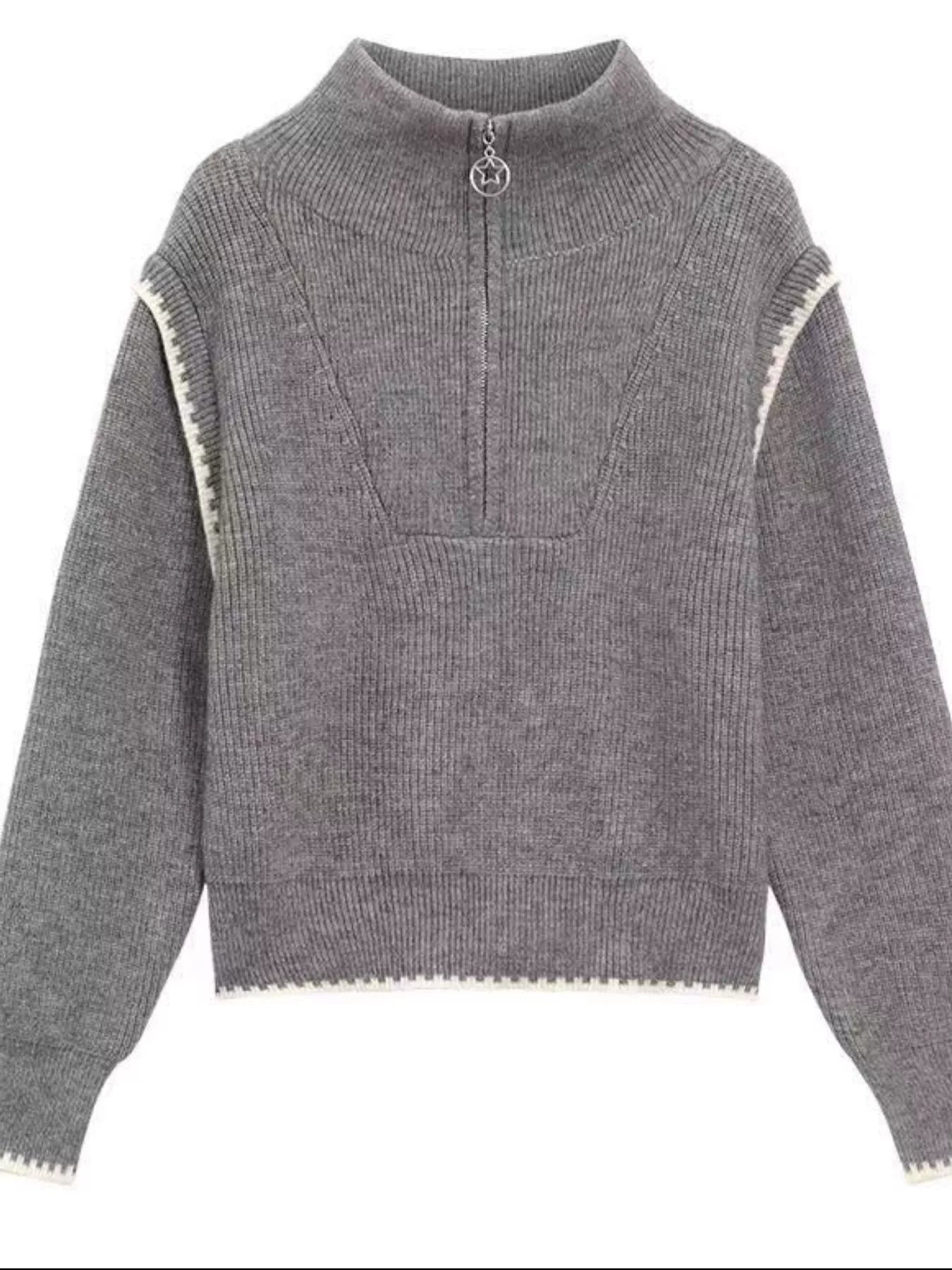 Ribbed High-Neck Half-Zip Sweater
