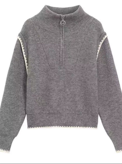 Ribbed High-Neck Half-Zip Sweater