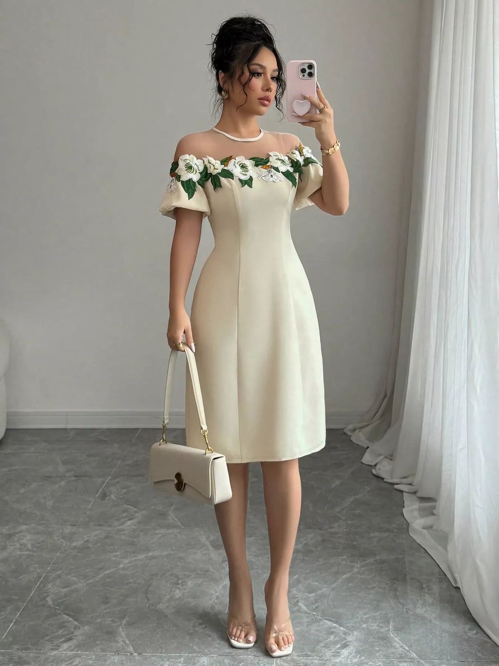 Floral Embroidered Puff Sleeve Dress with Mesh Shoulder