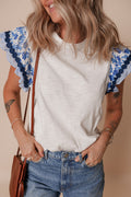 Round Neck Printed Ruffled Cap Sleeve Blouse - Chic & Feminine White