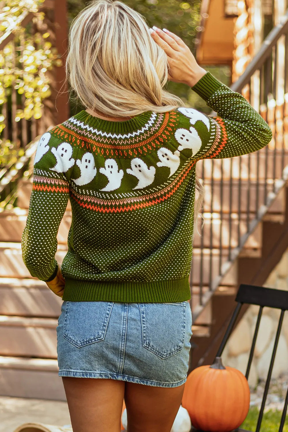 Ghost Print Round Neck Long Sleeve Sweater