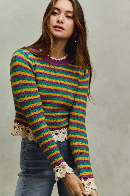 SO ME Mardi Gras Striped Crochet-Trim Cropped Knit Top