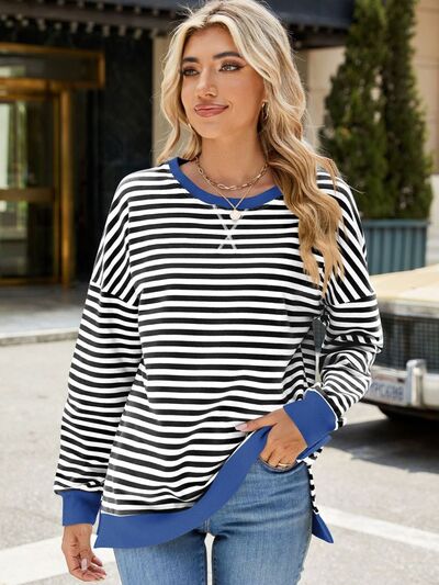 Chic Striped Slit Detail Long Sleeve Sweatshirt