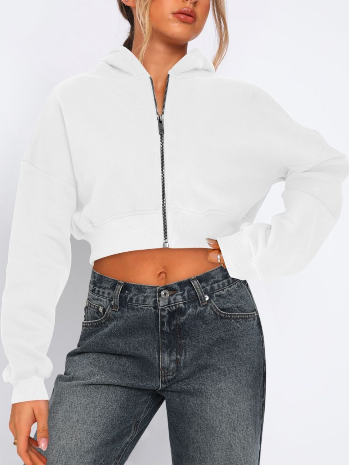 Zip-Up Long Sleeve Hooded Cropped Jacket White