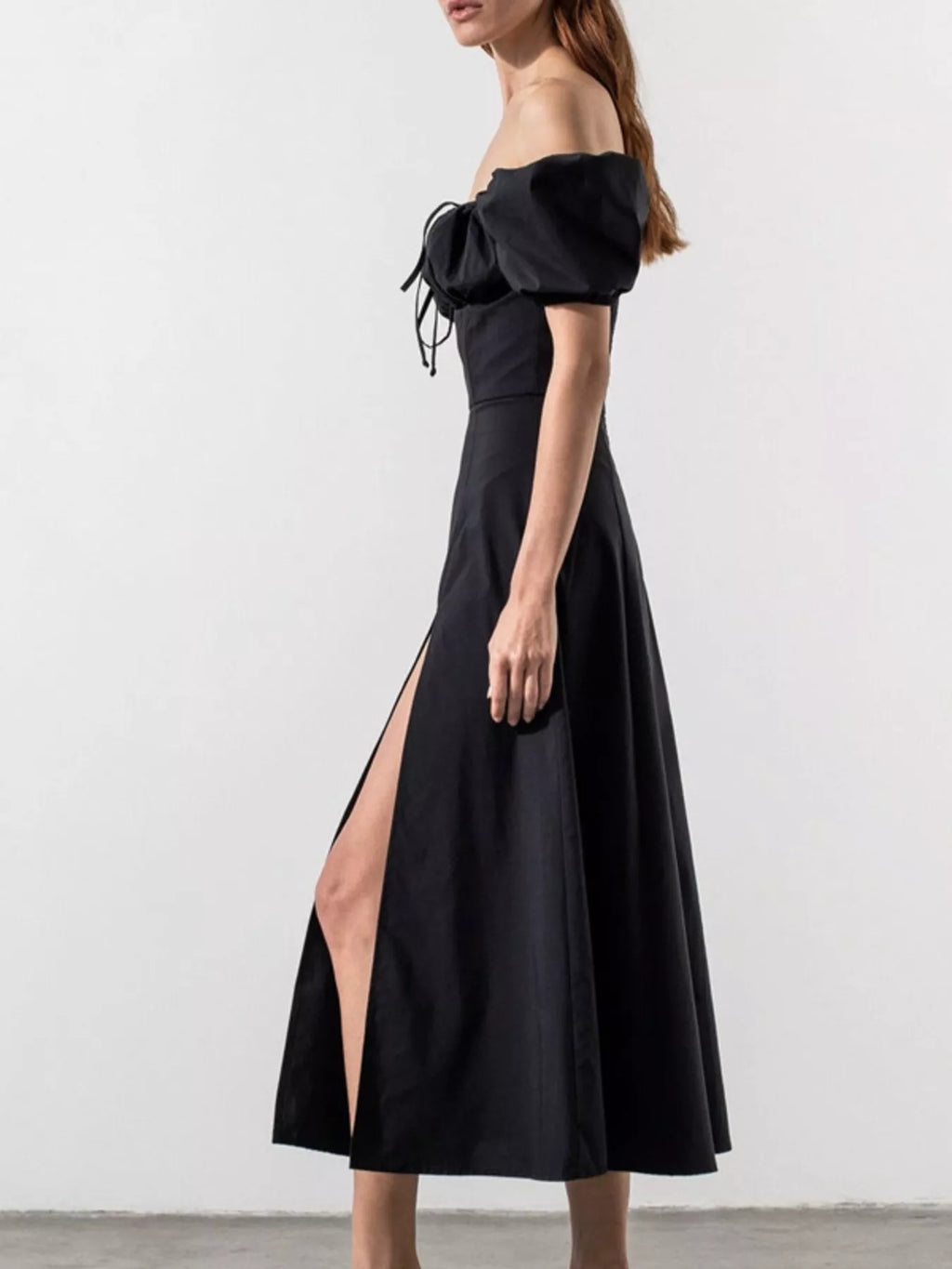 Full-Size Ruched Tie-Waist Slit Midi Dress