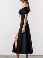 Full-Size Ruched Tie-Waist Slit Midi Dress