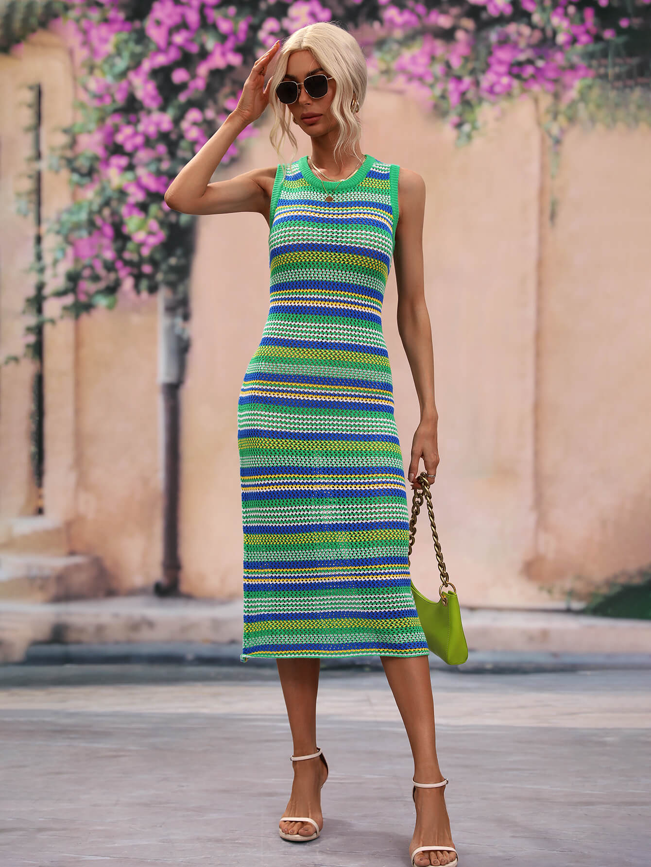 CoastEase Striped Sleeveless Round Neck Cover-Up Midi Dress
