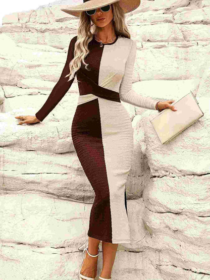 Two-Tone Slit Round Neck Long Sleeve Midi Dress