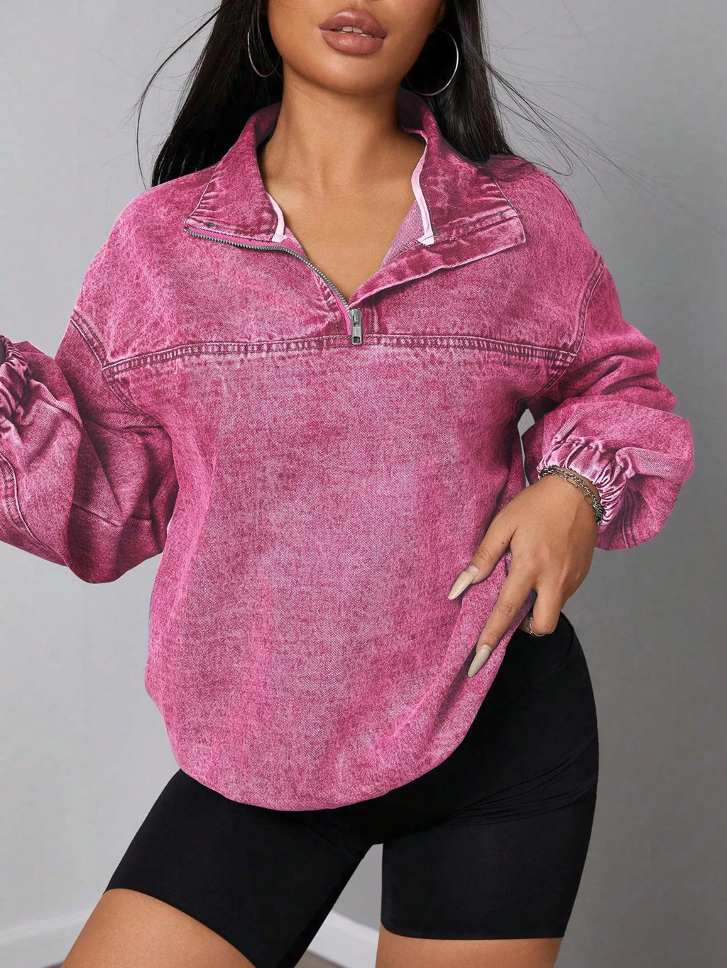 Zip Collar Long Sleeve Denim Shirt Top Hot Pink