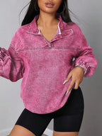 Zip Collar Long Sleeve Denim Shirt Top Hot Pink