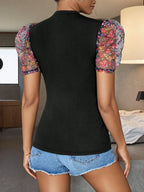 Floral Puff Sleeve Round Neck Top – Sheer Feminine Summer Blouse