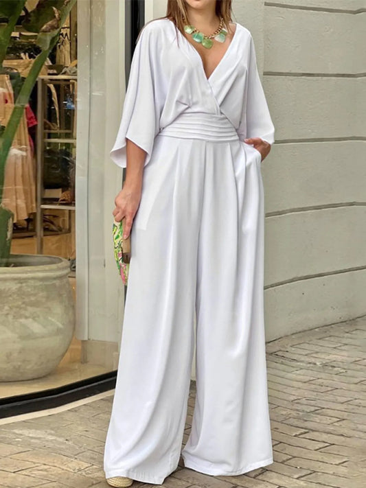Plus Size Wide-Leg Wrap Jumpsuit with Kimono Sleeves White