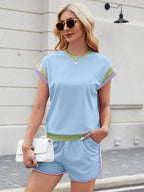 Contrast Round Neck Top and Shorts Set - Stylish & Comfortable