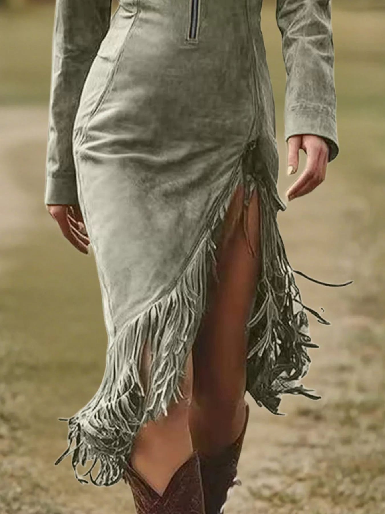 Full-Size Fringe Hem Zip-Front Bodycon Dress