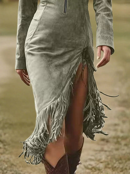 Full-Size Fringe Hem Zip-Front Bodycon Dress