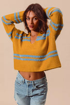 SO ME Fuzzy Striped Deep U-Neck Sweater – Oversized Cozy Top