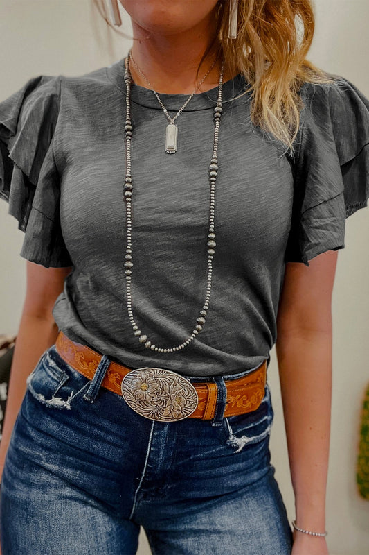 Round Neck Layered Short Sleeve Top - Stylish & Comfortable Dark Gray