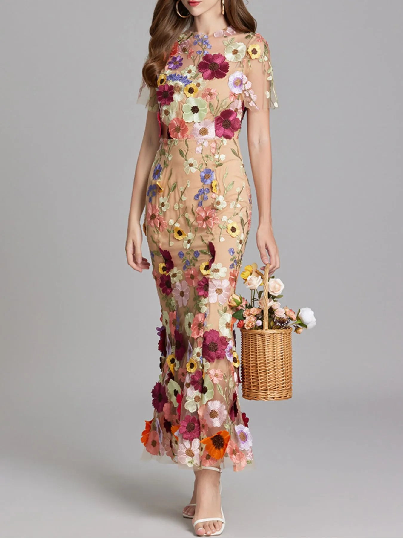 Embroidered Mesh Overlay Maxi Dress – Lined Evening Wear with Zipper Closure