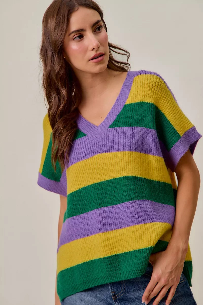 SO ME Mardi Gras Loose-Fit V-Neck Striped Sweater Top