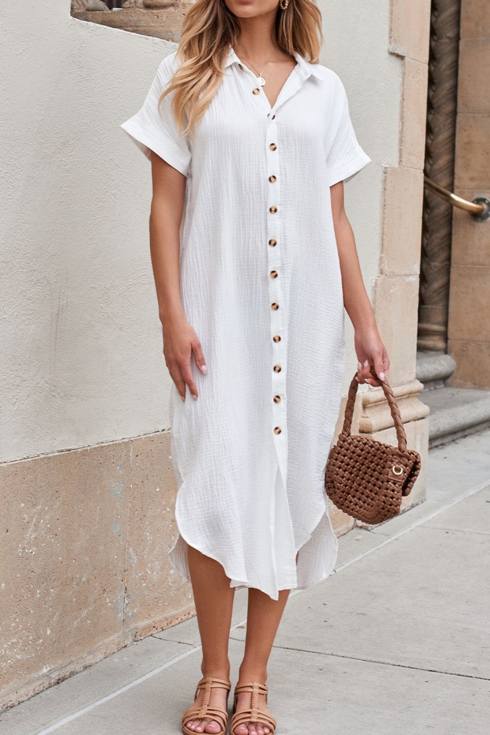 Button Down Short Sleeve Midi Shirt Dress - Elegant & Versatile