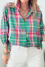 Plaid Collared Neck Three-Quarter Sleeve Shirt Plaid
