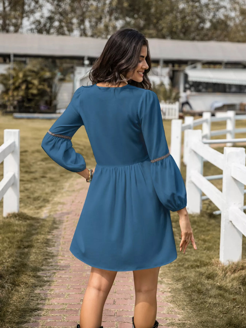 Notched Neck Balloon Sleeve Ruched Mini Dress