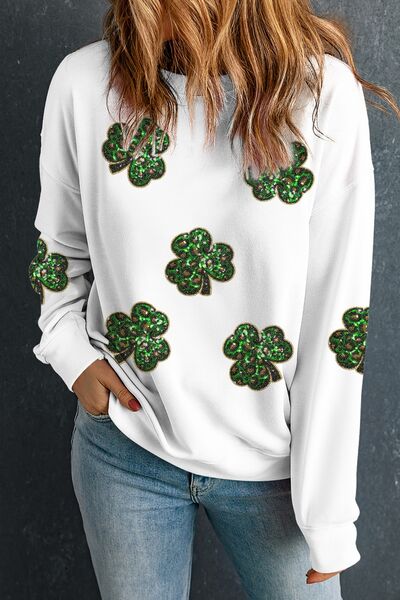 Sequin Lucky Clover Long Sleeve Crew Neck Sweatshirt White