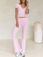Devine V-Neck Top & Bootcut Leggings Set - Chic & Comfy