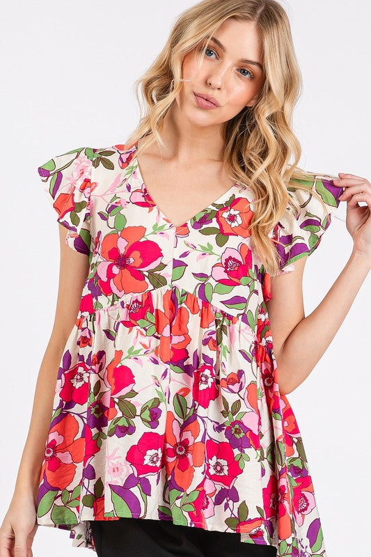 Mittoshop Floral V-Neck Ruffled Cap Sleeve Peplum Blouse