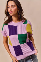 SO ME Mardi Gras Check Plaid Casual Knit Sweater Top