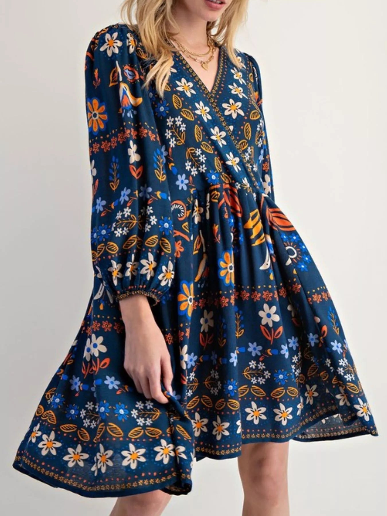 Bohemian Floral Print Ruched Long Sleeve Pocketed Mini Dress Dark Blue