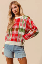 SO ME Festive Christmas Checkered Plaid Crew Neck Sweater