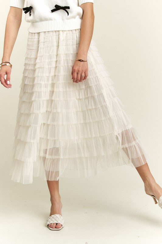 ADORA Elastic Waist Layered Mesh Midi Skirt Beige